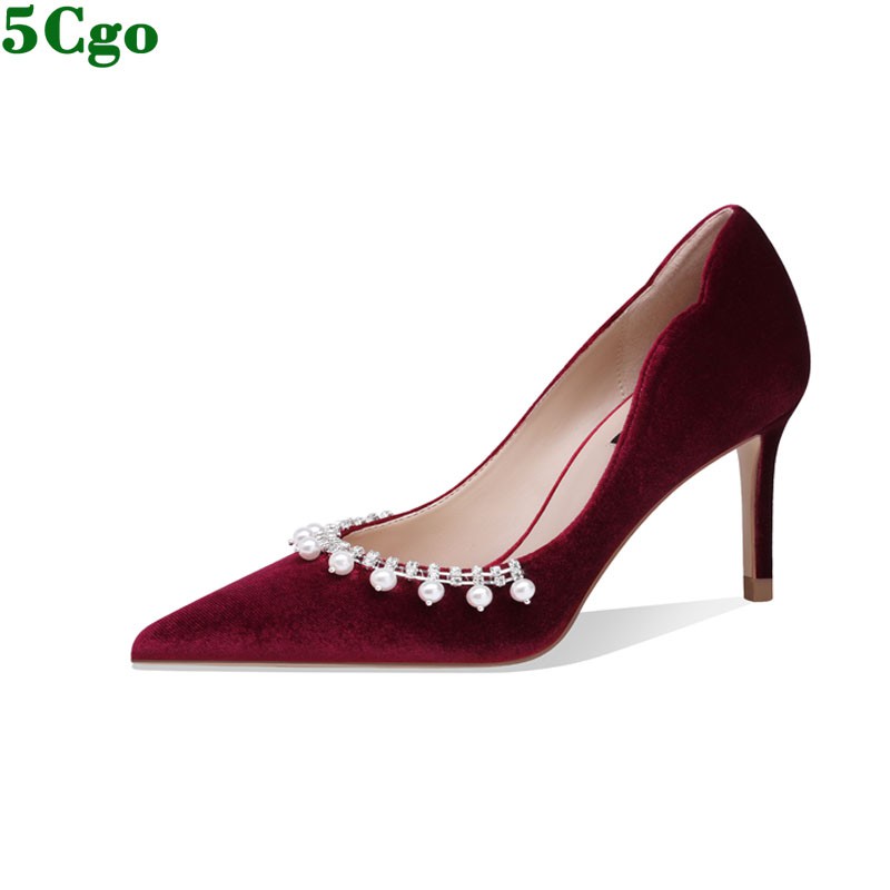 5Cgo含稅婚鞋紅色中式秀禾高跟單鞋絨面珍珠尖頭細跟新娘敬酒鞋鞋跟高5-6cm t628503386048
