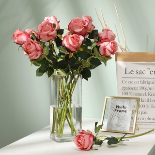 摩登時尚一派 單頭保加利亞玫瑰花高檔仿真絹花束假花擺設客廳室內餐桌擺件裝飾
