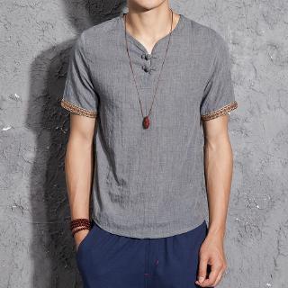 男士短袖T恤 M-5XL 中國風棉麻休閒素色上衣 寬鬆大尺碼短T 現貨 男生衣著