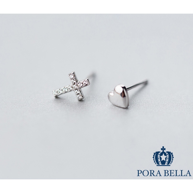 <Porabella>925純銀鋯石耳環 不對稱 情侶款 十字愛心百搭 穿洞式耳環 Earrings