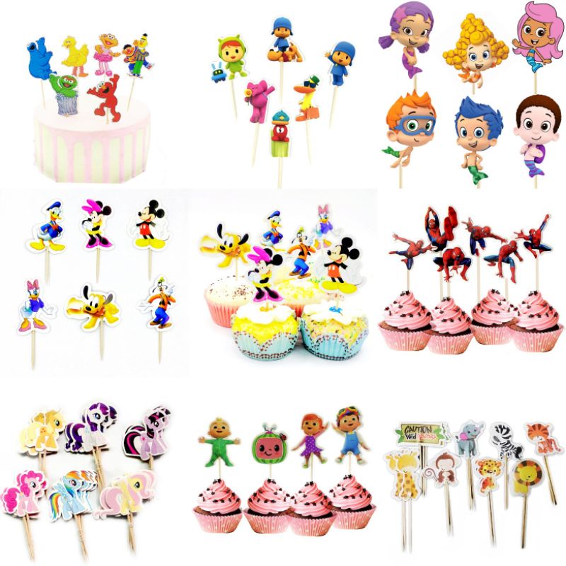 24 件 / 包生日派對蛋糕禮帽孩子們喜歡野生泡泡孔雀魚卡通人物嬰兒淋浴蛋糕裝飾