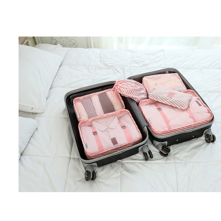 【杰元生活館】粉色條紋 DINIWELL行李箱衣物整理袋防水旅游收纳包6件套装防水旅行收纳袋