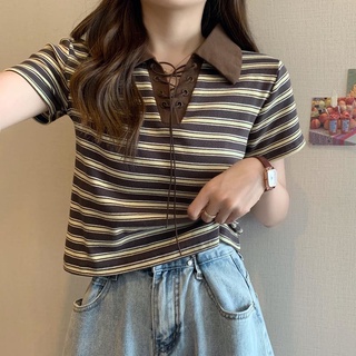 夏季新款polo領條紋短袖T恤女學生設計感法式純慾別緻短款小上衣