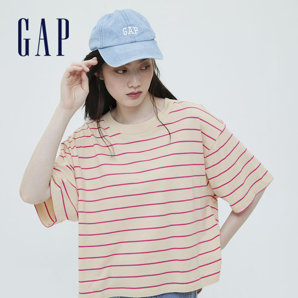 Gap 女裝 純棉條紋寬鬆短袖T恤 厚磅密織親膚系列-粉色條紋(704372)