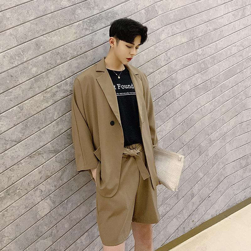 Mr R 西裝外套西裝套裝夏季七分袖西服套裝男潮流便西韓版寬鬆帥氣英倫小西裝短褲兩件套上衣 外套 蝦皮購物