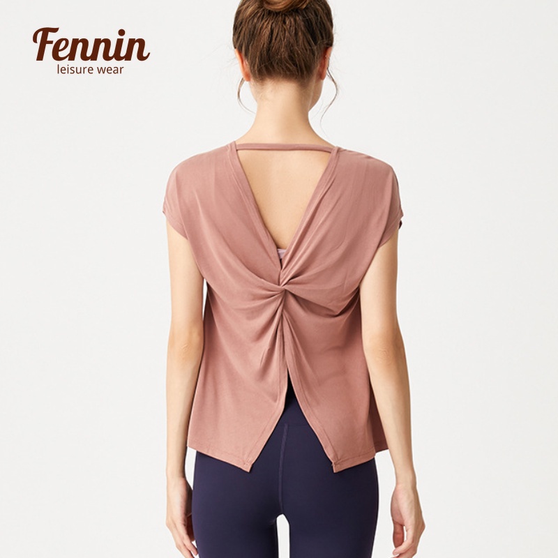 Fenin 運動短袖寬鬆長版鏤空設計罩衫跑步健身上衣