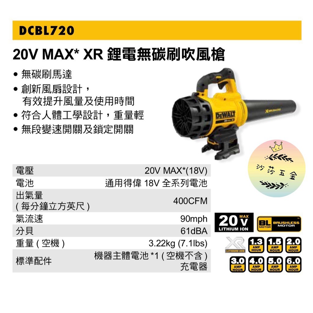 ∞沙莎五金∞ 美國 DEWALT 得偉 20V 無碳刷馬達鋰電無碳刷超強力吹葉機 5.0單電池 DCBL720P1