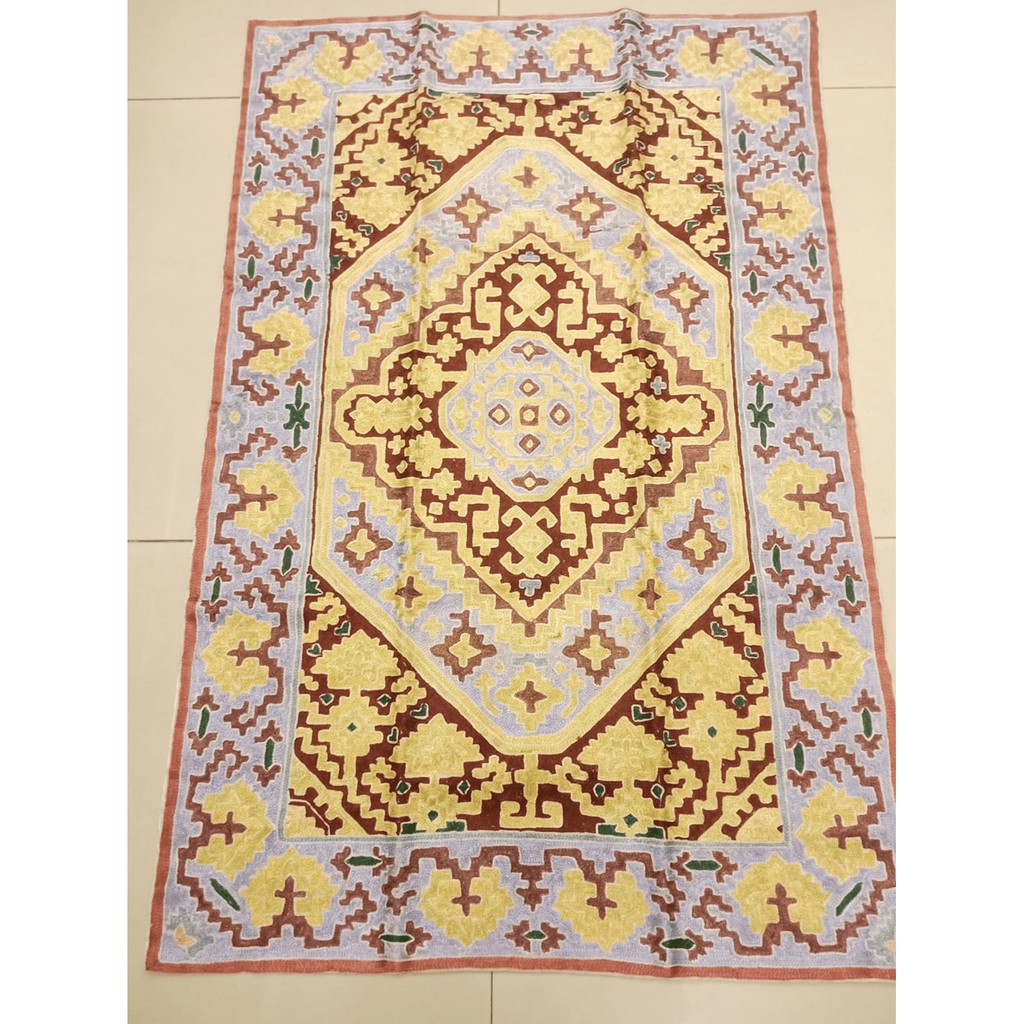 印度喀什米爾 純手工蠶絲 立體刺繡編織 民俗風幾何圖樣 貴族歐風波斯地毯 地墊 冥想墊