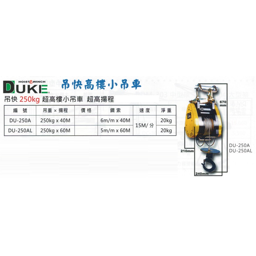 DUKE 自強牌 吊快 250kg DU-250A/DU-250AL 高樓小吊車 小金鋼吊車 鋼索式 電動吊車 小金剛