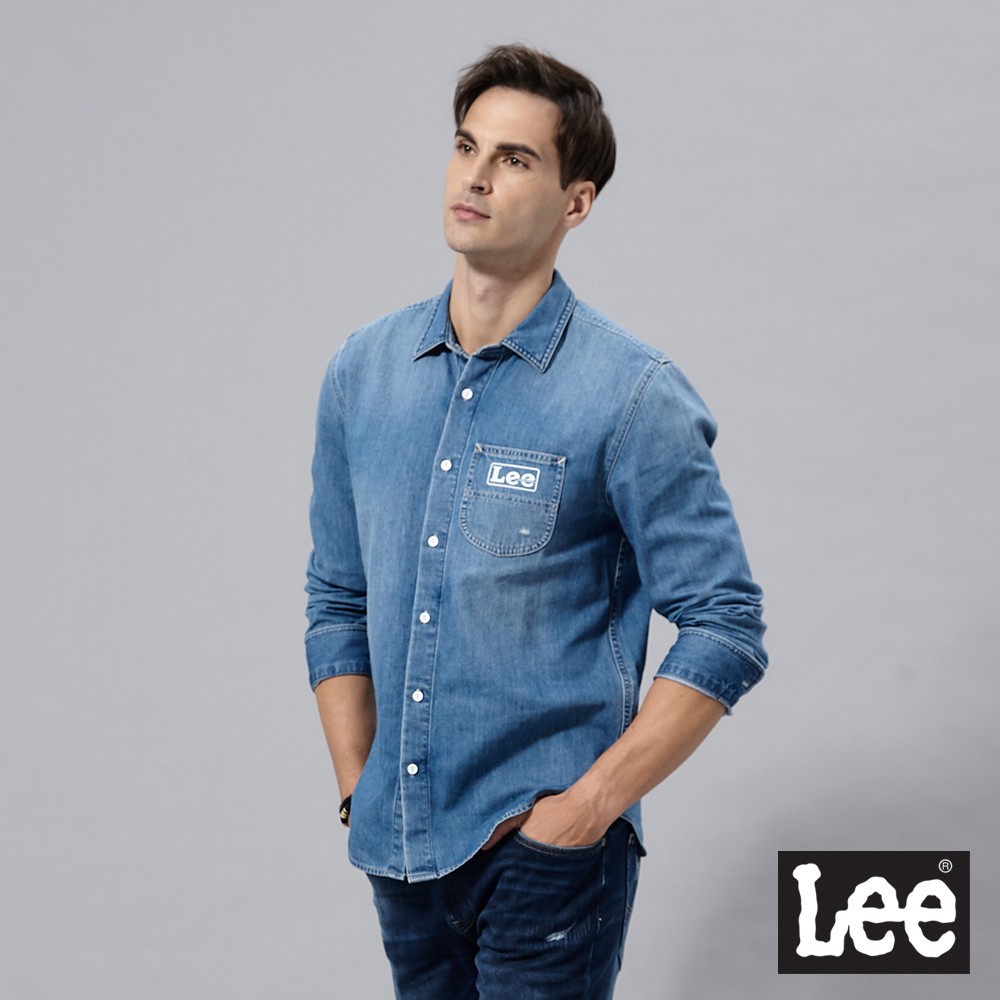 Lee 前口袋印花長袖牛仔襯衫 男 中淺藍 Modern LL19027448E