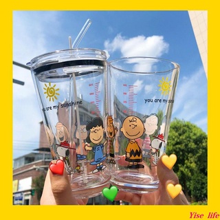 【億色生活寄語】現貨 耐熱耐高溫刻度水杯 韓國ins可愛史努比卡通玻璃吸管杯 牛奶杯果汁杯