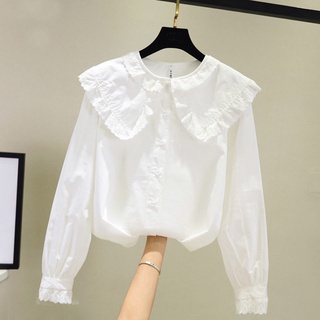 兒童襯衫 女童春夏襯衫2022新款韓版洋氣長袖白襯衫兒童蕾絲娃娃領打底上衣