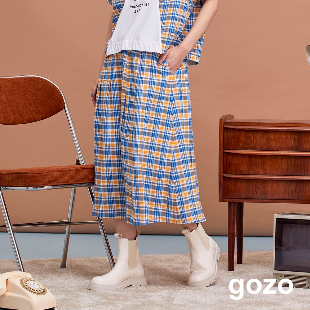 【gozo】個性格紋棉質傘裙(藍色/深綠_F)｜女裝 百搭 休閒