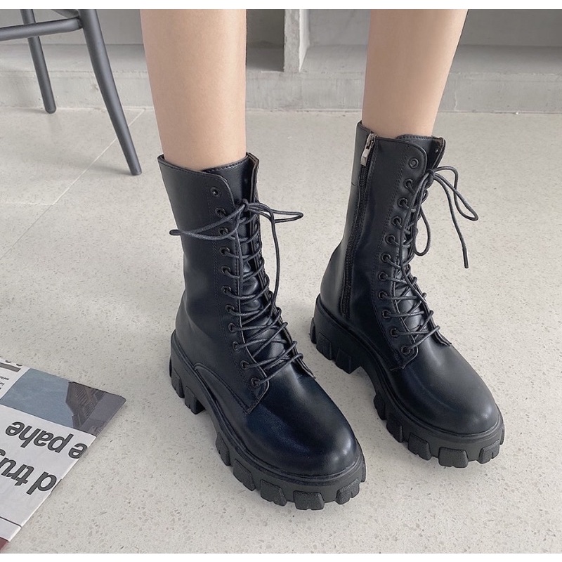 韓國2021爆紅款中筒馬丁靴 白色黑色馬丁靴女 厚底機車靴 英倫風中筒靴 春秋單靴  網紅瘦瘦靴