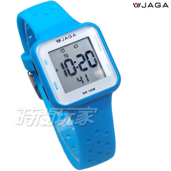 JAGA 捷卡 休閒多功能大液晶運動電子錶 游泳用 女錶 男錶 學生錶 M1215-EE(淺藍)【時間玩家】