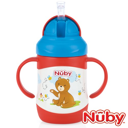 【全新】Nuby不鏽鋼真空學習保溫杯/學習杯/兒童保溫杯/水壺(粗吸管)-熊 220ml(12M+)