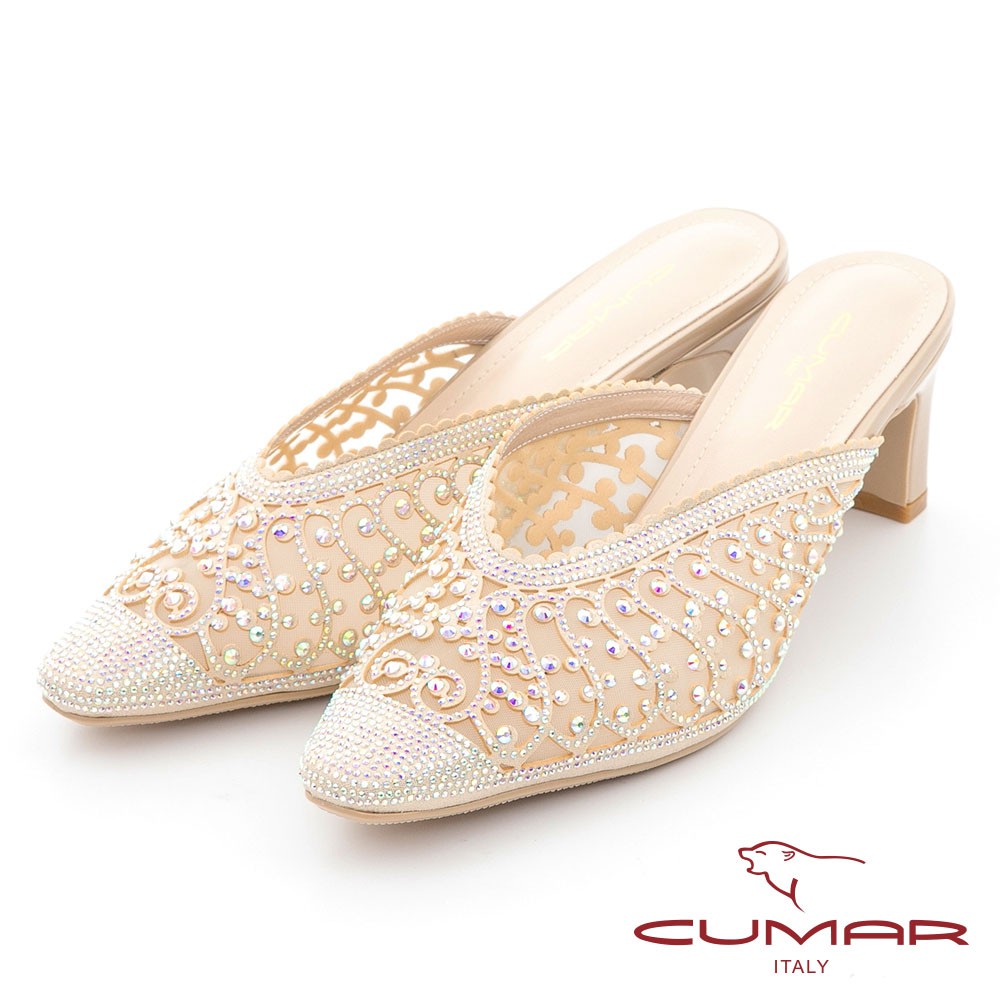 【CUMAR】蕾絲鏤空鑽飾點綴穆勒平底鞋 - 金色