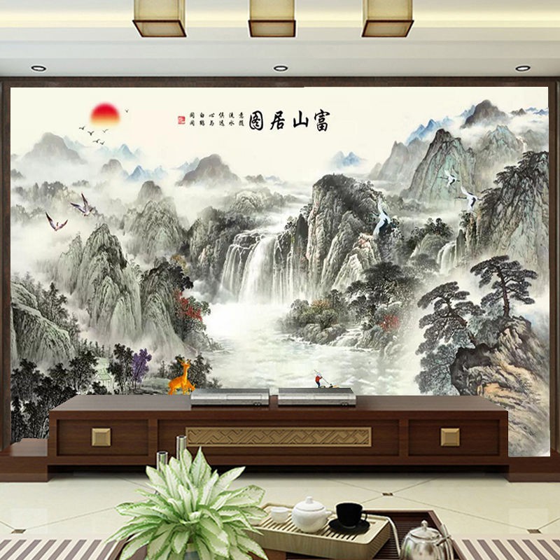 3d電視背景墻中式山水風景畫客廳沙發無縫5d立體壁畫壁紙影視墻布 蝦皮購物
