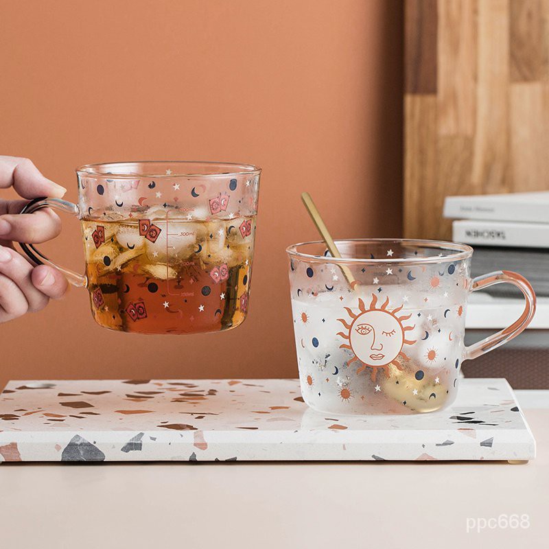 果汁杯✹熱銷✹有刻度的玻璃杯水杯女夏季ins風帶手柄杯子小眾設計飲料杯喝水杯🛒
