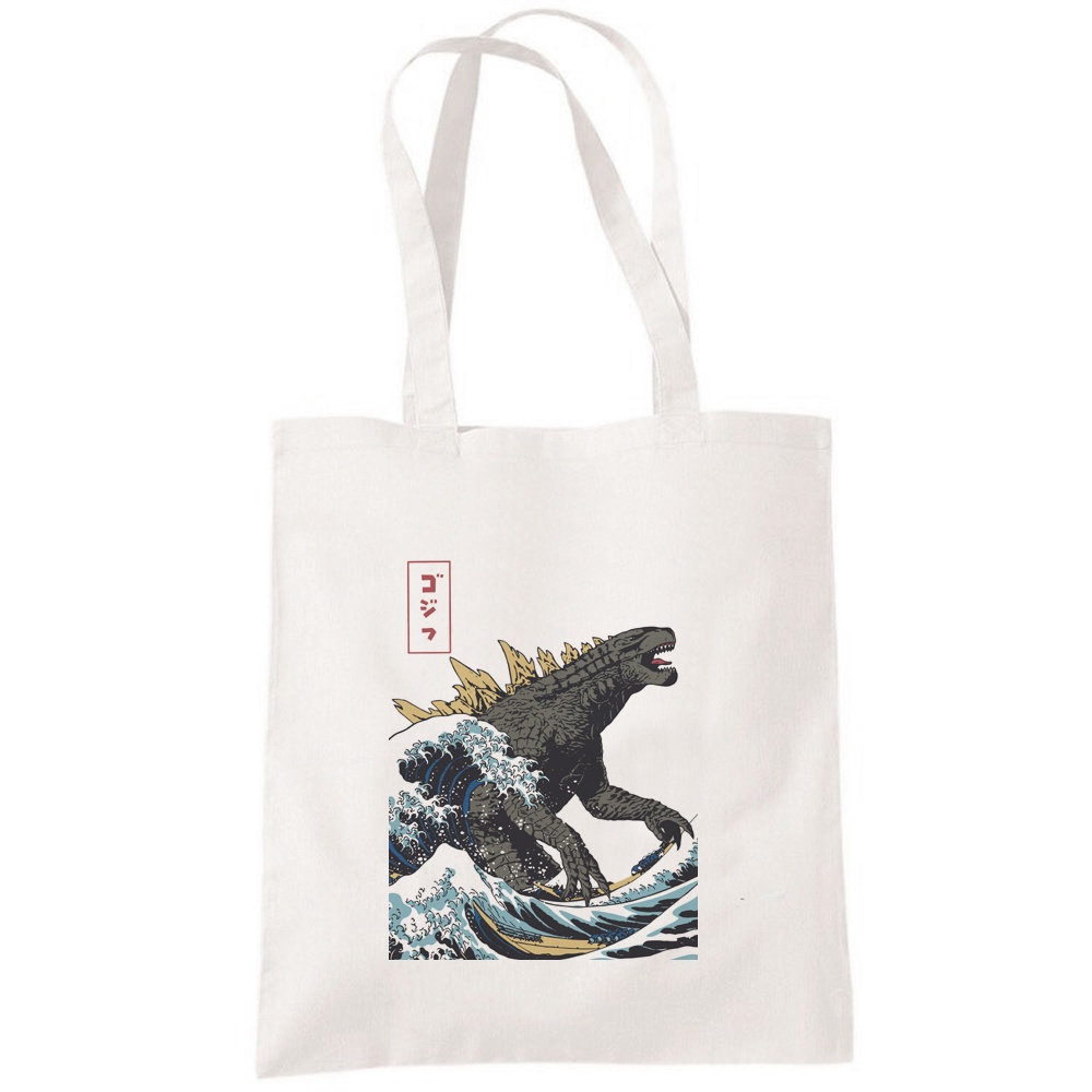 Godzilla Hokusai Monster 授權帆布環保購物袋 米白 帆布袋潮流哥吉拉怪獸服飾浮世繪日本藝妓武士