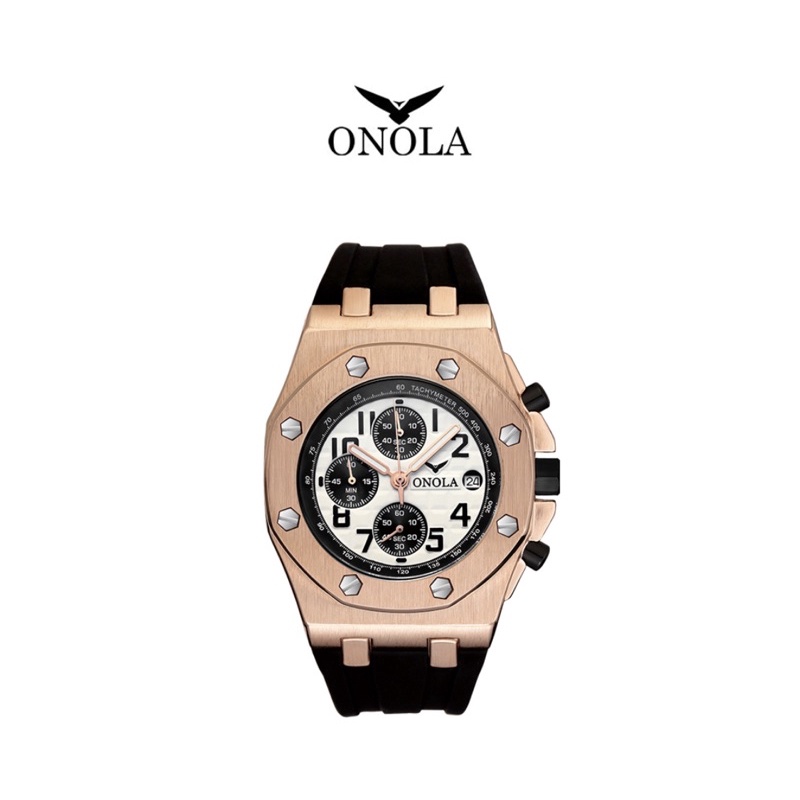 ONOLA 義大利品牌 極致玫白個性八角三眼橡膠腕錶