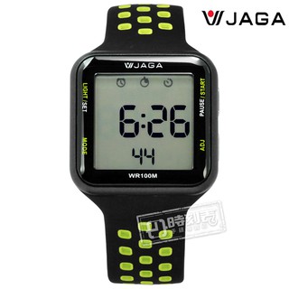 JAGA 捷卡 / M1179C-AF / 方型電子 計時碼錶 鬧鈴 防水100米 透氣運動 矽膠手錶 黑綠色 38mm