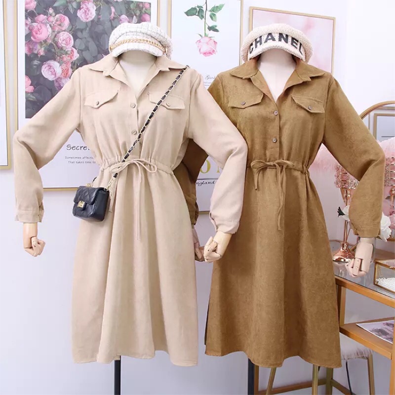 駝色杏色燈芯絨洋裝綁帶收腰洋裝秋冬洋裝長袖洋裝燈芯絨洋裝 蝦皮購物
