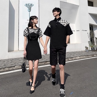【COUPLE】情侶裝 🌼🌼設計黑色系修身顯瘦格紋拼接