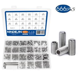 NINDEJIN 666pcs盒裝內六角機米螺絲平頭螺釘不銹鋼分類套件M2M3M4M5M6M8無頭緊定螺絲
