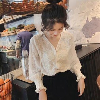 長袖襯衫~時尚洋氣百搭長袖襯衫女士修身洋氣質蕾絲很仙上衣DJB1 976衣時尚