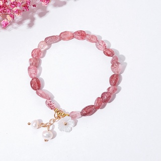 【艾朵拉水晶】 【請聊聊確認有無現貨】ins韓版隨形草莓晶水晶手鏈單圈時尚女士摩根石 珍珠花朵手串
