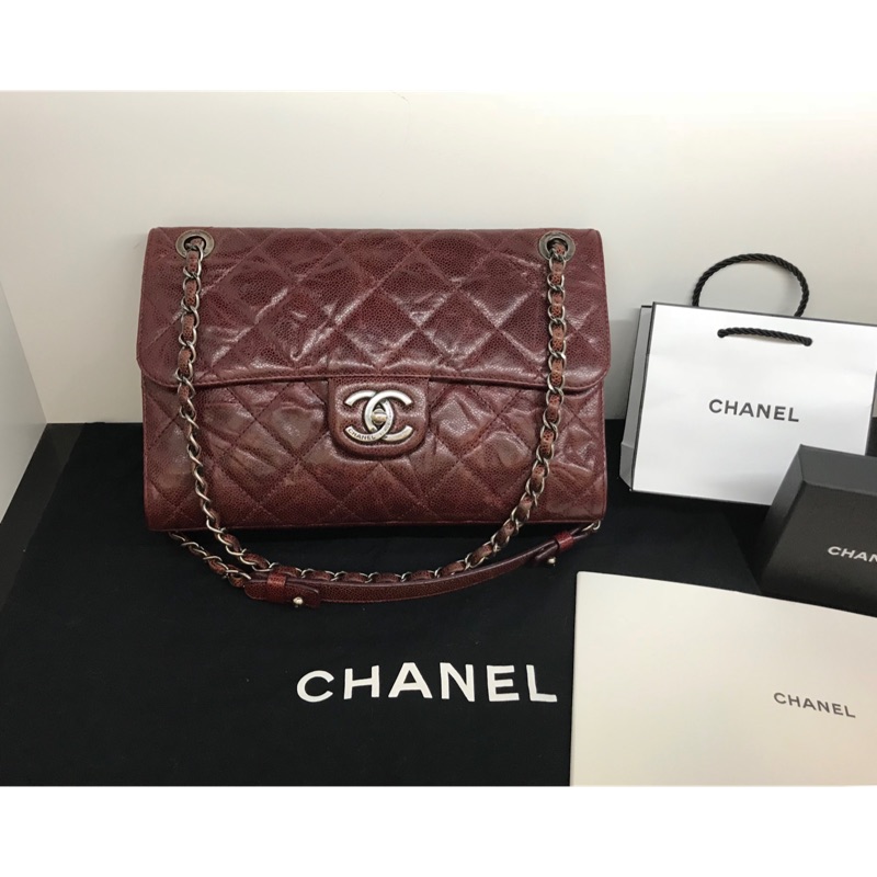 Chanel超美孟買酒紅色荔枝皮28cm三用包