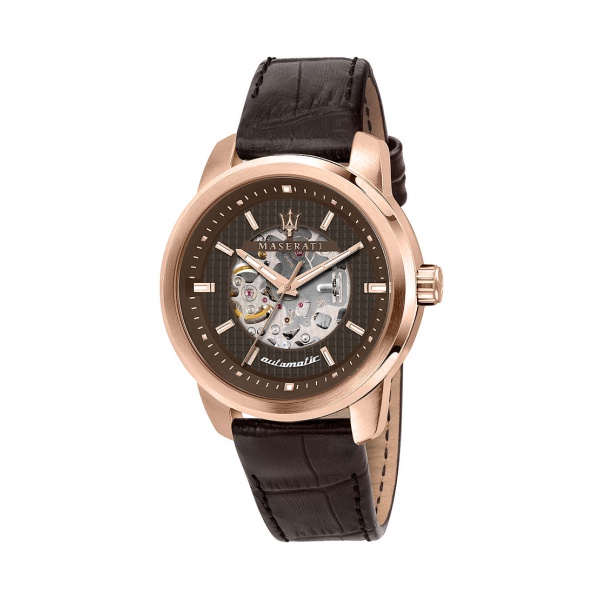 【Maserati 瑪莎拉蒂】SUCCESSO鏤空格紋玫瑰金機械腕錶-復古棕/R8821121001/台灣總代理公司貨