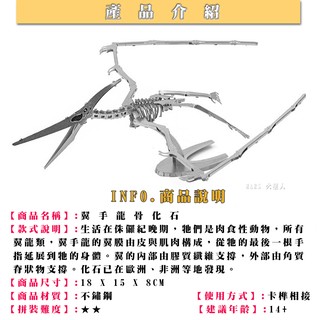 ◎MARS益智玩具◎侏儸紀-翼手龍骨化石 --3D立體金屬拼圖-(創意diy金屬模型-蝕刻片)