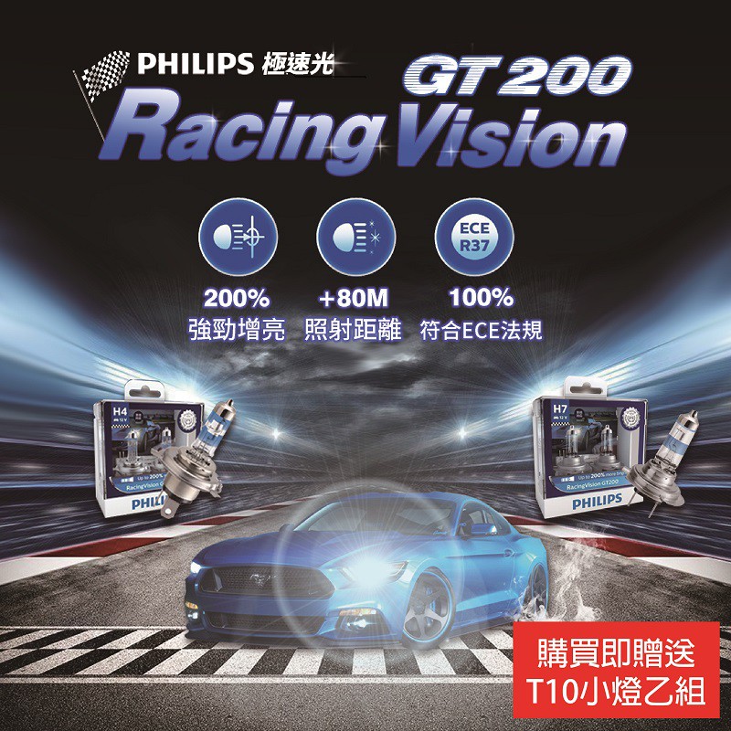 2021最新-PHILIPS Racing Vision 極速光 GT200 H4 H7 車燈 鹵素大燈 加亮200%