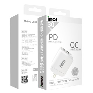 imos (三年保固) USB-C Lightning 充電線 雙孔閃電充電器 PD3.0 QC3.0 快充充電器