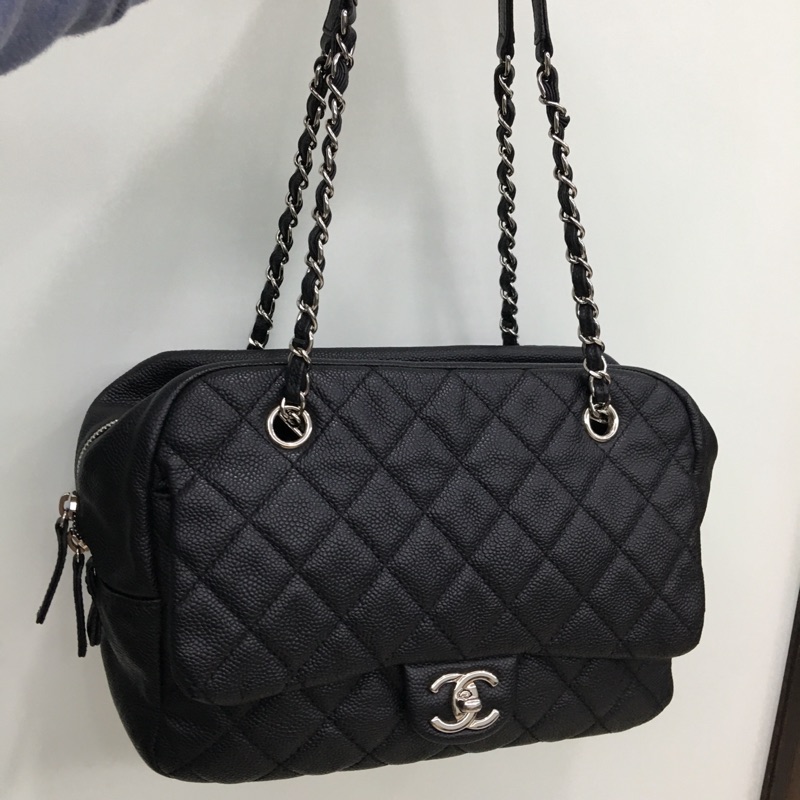 chanel 荔枝牛皮黑銀托特包
