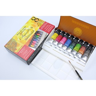 小資媽媽 法國 SENNELIER 申內利爾 水彩顏料 8色 管狀 10ml 木紋質感 塑料盒 131642