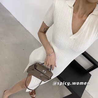 【現+預】超美必買🔥 歐美 針織洋裝 短袖開叉包臀裙 中長款翻領開叉洋裝 POLO連衣裙 v領洋裝 彈力修身 短袖洋裝