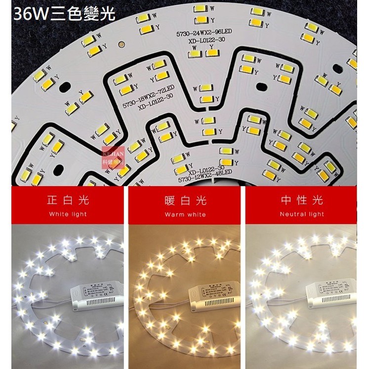 LED 風扇燈 吸頂燈 三色變光 中性光 套件 圓型燈管改造燈板套件 5730 LED圓型光源貼片 36W 110V