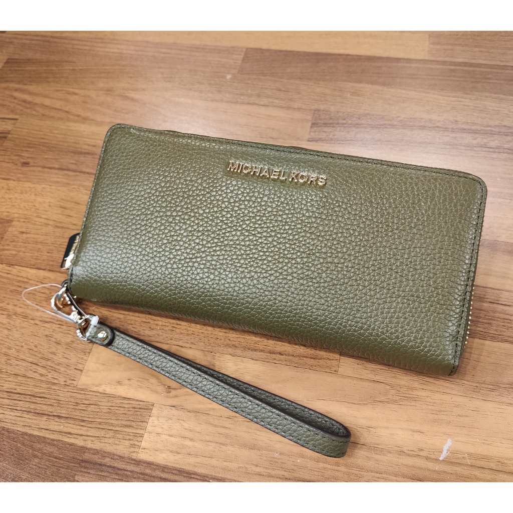 【興閣精品】MICHAEL KORS MK JET SET TRAVEL 橄欖綠 金字LOGO 荔枝紋 長夾