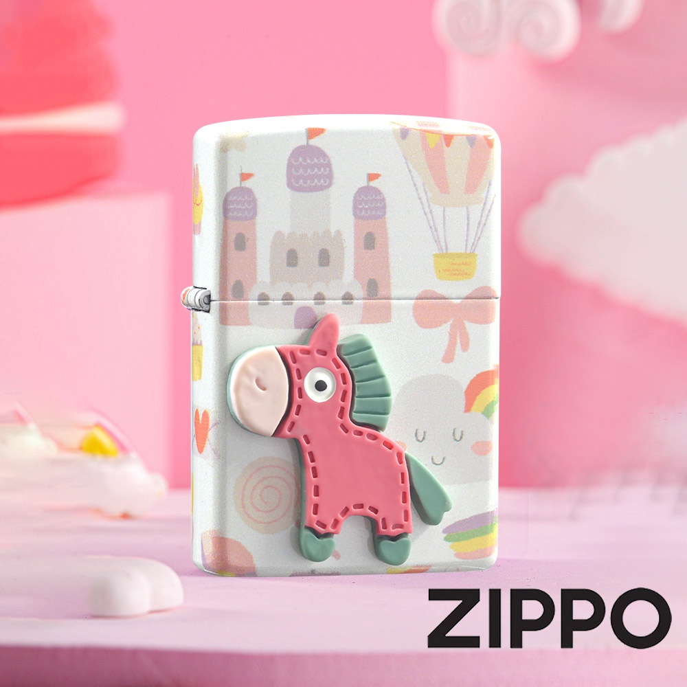 ZIPPO 夢幻城堡-粉白紅木馬防風打火機 Z-059 獨角獸 馬 蛋糕 糖果 粉紅 鍍膜 光滑 風格 城堡 終身保固