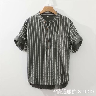 日系條紋亞麻襯衫 3色 M-3XL 立領短袖襯衫 棉麻襯衣 豎條紋襯衫 寬鬆休閒襯衫 套頭襯衫