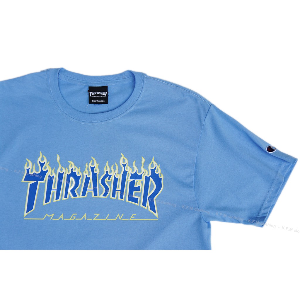 K.F.M 】THRASHER x CHAMPION NEBULA FLAME T-Shirt 日本限定青火焰藍| 蝦皮購物