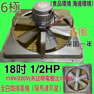 抽風機批發 抽煙機 工業扇 排風機 (臺灣製造) 免運 不鏽鋼白鐵 18吋 1/2HP 6極 工業排風機 吸排 訂製