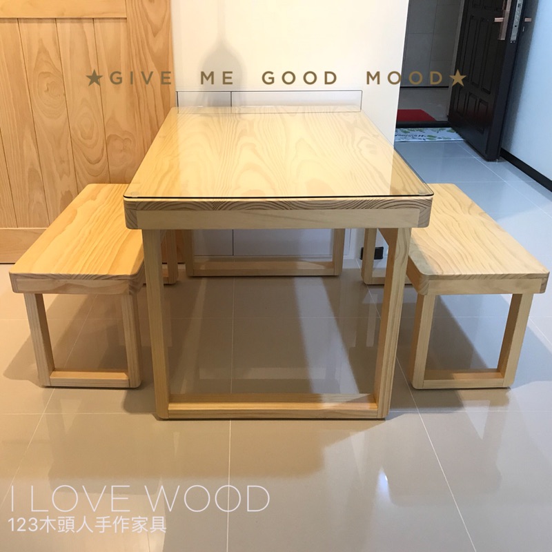 ◐123木頭人手作家具◑ 100%松木ㄩ腳餐桌椅組