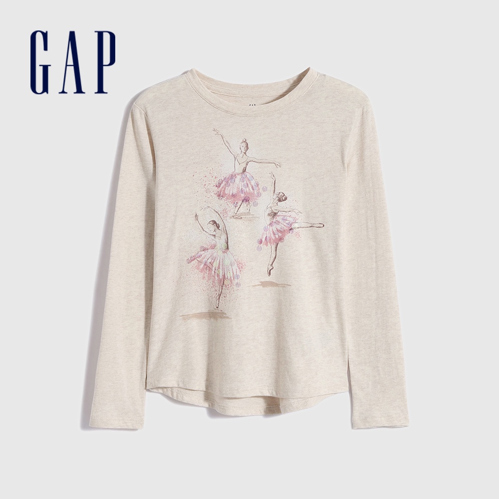 Gap 女童裝 甜美風亮片印花長袖T恤-米色(730949)