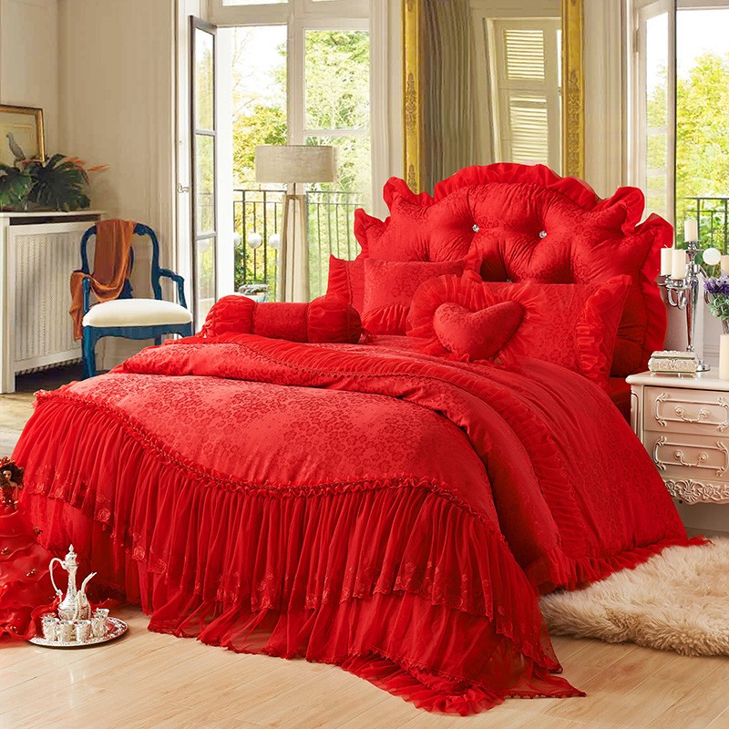 花嫁紅 結婚床罩 紅色床罩 蕾絲床罩 雙人床罩 床裙組