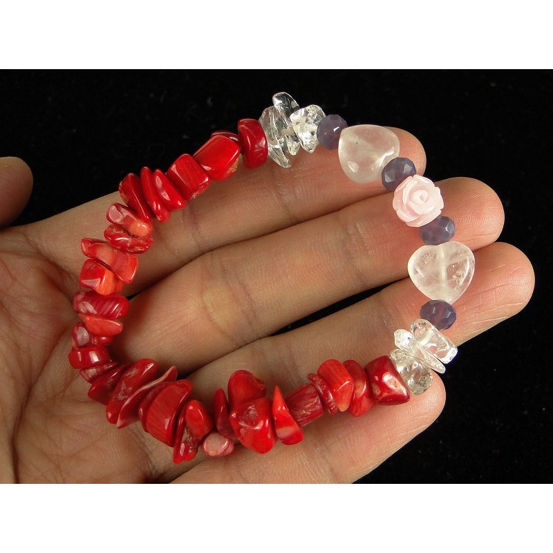 彩色飾界╭☆水晶坊-海竹紅珊瑚搭粉白水晶手鍊 非常漂亮