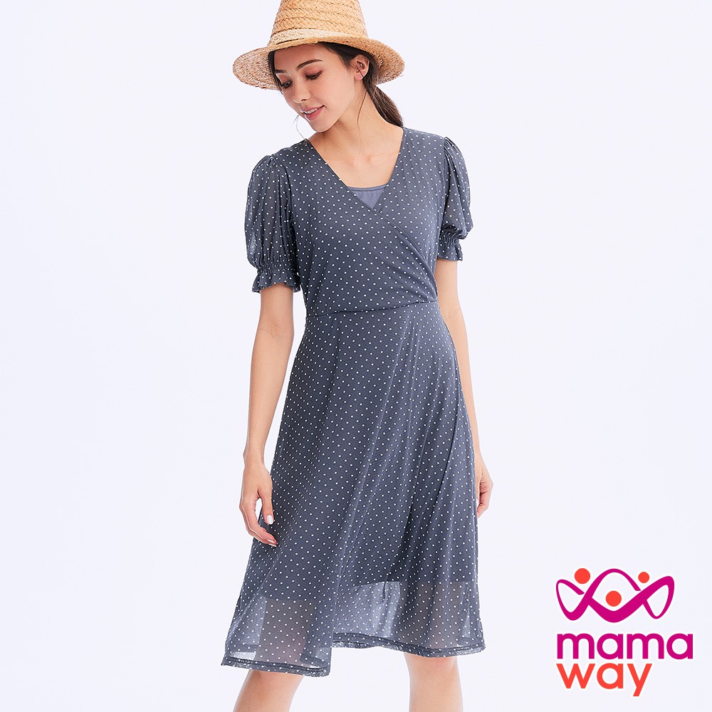 【mamaway 媽媽餵】拋拋袖綁帶孕哺洋裝(灰藍)	哺乳洋裝 涼爽透氣 孕婦洋裝